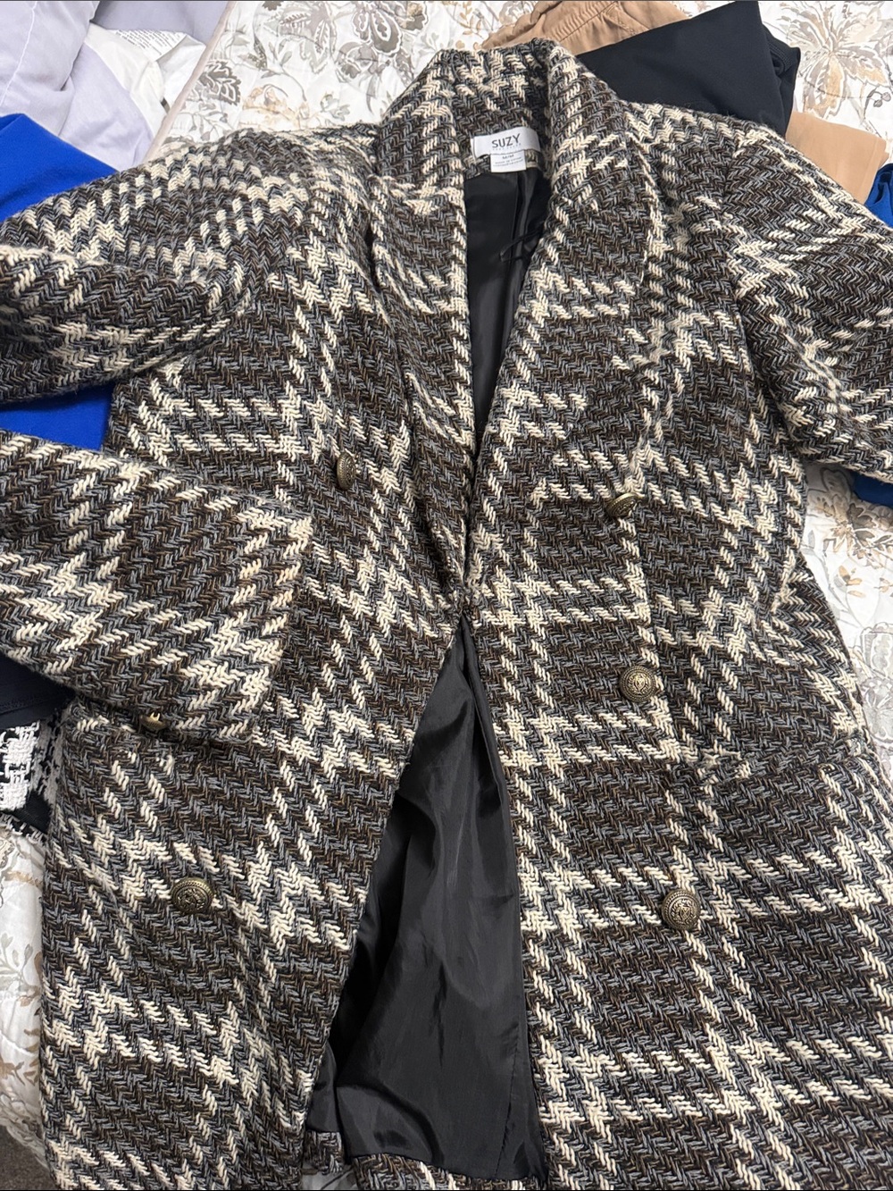 Suzy Shier Brown & Cream Houndstooth Double-Breasted Pea Coat
